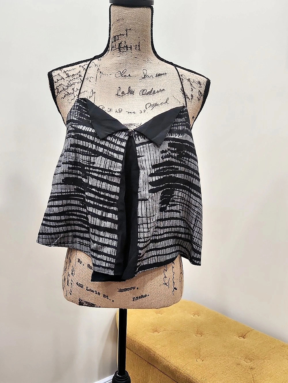 Alexander Wang Gray Black Abstract Print Collared Halter Crop Top SZ 4
